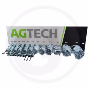 Zestaw opasek ślimakowych AGTECH 220 sztuk na wieszaku ściennym.