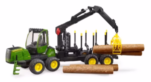 forwarder John Deere z przyczepą i kłodami drewna, zabawka dla dzieci